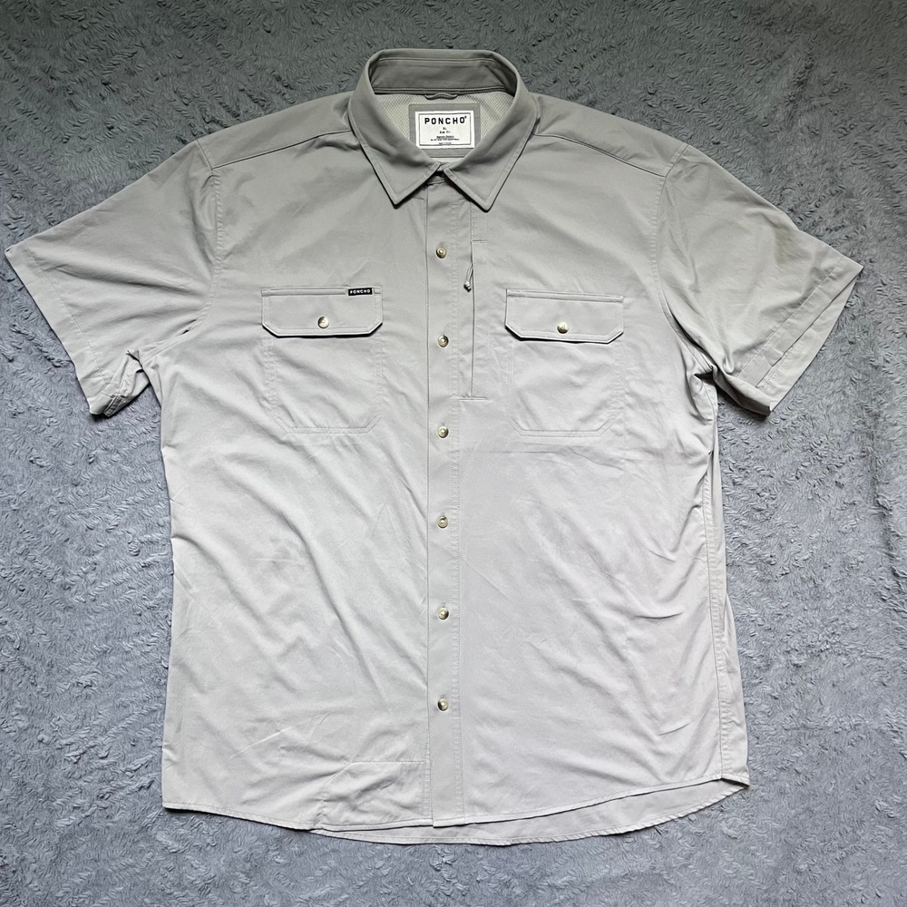 Poncho Outdoors Men Short Sleeve Fishing Performance Shirt Gray Button Up Sz XL